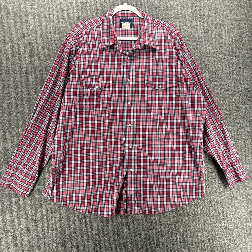 Vintage Wrangler Shirt Mens XXL Red Blue Plaid Peral Snap On Western Ranch Rodeo